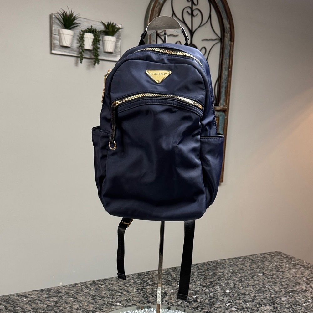 Ellen Tracy Navy Nylon Backpack with Gold Hardware EUC